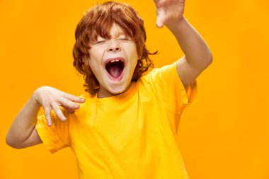 Elleriyle işaret eden kızıl saçlı çocuk Boşluğu Kopyala