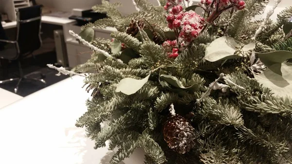 Bir köknar ağacının yeşil bir dal için ana dekor ile beyaz kar strewed kırmızı üvez meyveleri vardır. Hava ve kolay plumelets gibi oluşturduysanız, köknar ağacı bir fotoğraf üzerine bir iç ruhu içinde keyifli bir fikir olduğunu 