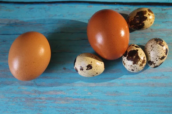 İki yumurta bir bıldırcın ahşap, Shabby chic mavi bir arka plan üzerinde dört yumurta ve tavuk. Bileşimi için bir web tasarım ve poster Paskalya için. Yatay fotoğraf.