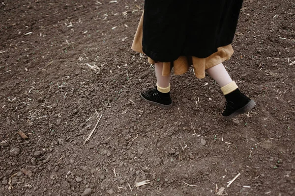 Low section view of woman in skirt walking by field in cold weather