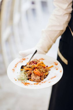 Beyaz tabakta şenlikli yiyecek getiren garson görünümünü kırpılmış