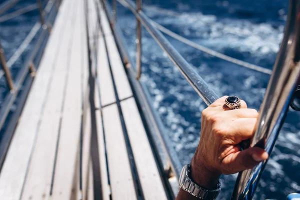 Cripped View Female Hand Wristwatch Ring Holding Handrail Yacht — Stock Photo, Image