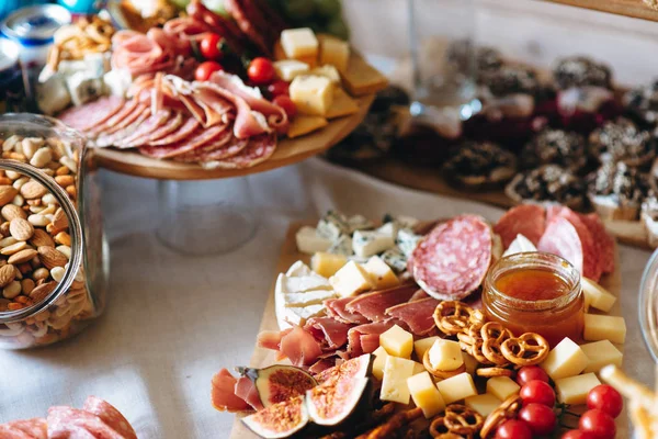 Variety Festive Food Catering Plates Boards Appetizers — Stock Photo, Image