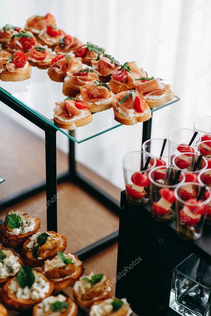 Variety of salty appetizers at catering