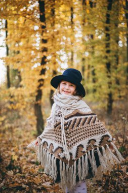Kız panço ve şapka sonbahar ormanda yürüyüş