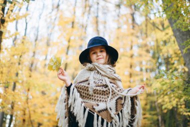 Kız panço ve şapka sonbahar ormanda yürüyüş