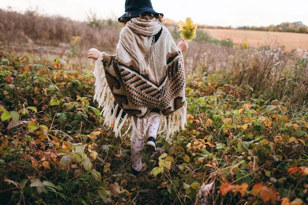 Flicka Poncho Och Mössa Promenader Höstlig Skog — Stockfoto