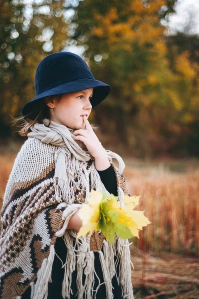 Portrait Cute Girl Poncho Hat Walking Autumnal Field — Stock Photo, Image