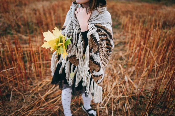 Porträtt Söt Flicka Poncho Och Mössa Walking Höstlig Fält — Stockfoto