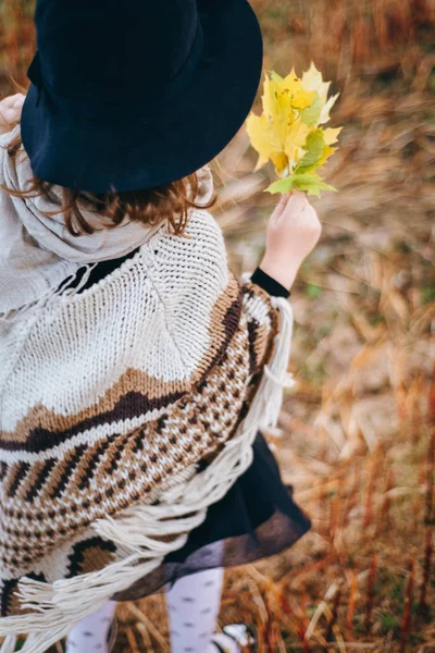 Visão Traseira Menina Poncho Andando Pelo Campo Outonal — Fotografia de Stock