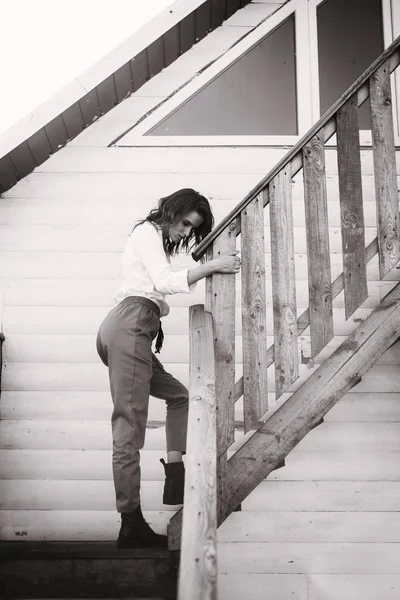 Woman Shirt Trousers Posing Stairs Wooden Arbor — Stock Photo, Image