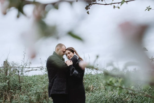 Coppia Romantica Che Abbraccia Nel Frutteto Primaverile — Foto Stock