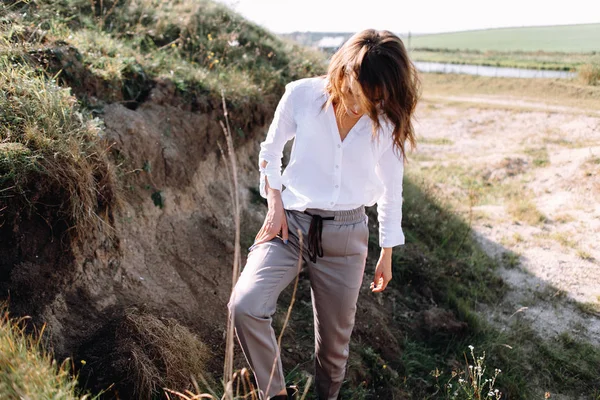 Sad Woman Shirt Pants Posing Meadow — Stock Photo, Image