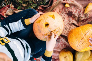Çocuklar Cadılar Bayramı 'nda Sonbahar Parkı' nda balkabağıyla oynuyorlar. Çocuk balkabağı oyuyor. Cadılar Bayramı için balkabağı oyan ellerin yakın çekimi.