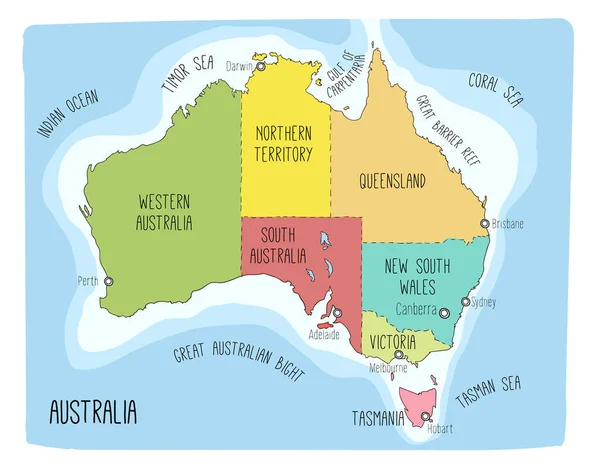 Vektorkarte Von Australien Farbenfrohe Skizzenillustration Mit Territorien Und Hauptstädten — Stockvektor