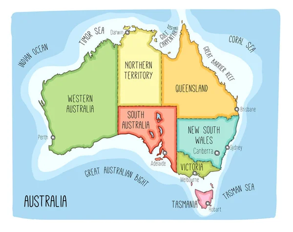 Vektorkarte Von Australien Farbenfrohe Skizzenillustration Mit Territorien Und Hauptstädten — Stockvektor