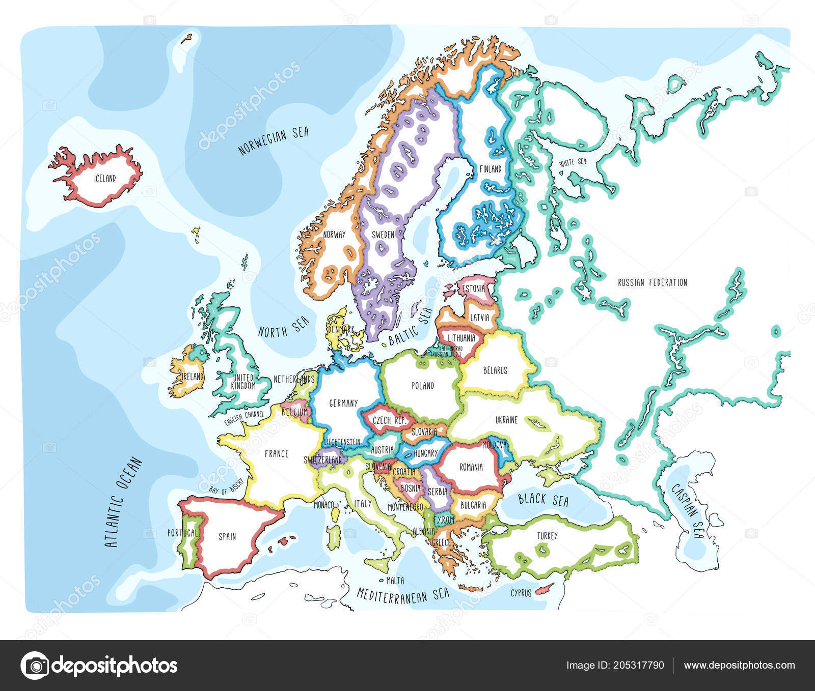 Colorful Main Dessinée Carte Vectorielle Europe Avec Les