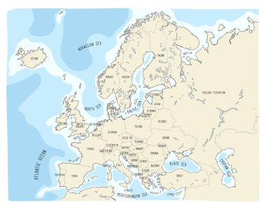 Renkli el vektörel Avrupa Haritası çizilmiş. Doodle stili