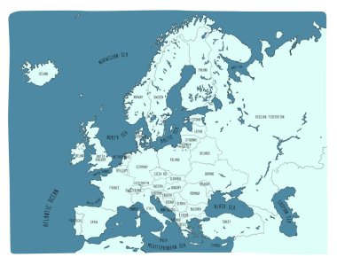 Renkli el vektörel Avrupa Haritası çizilmiş. Doodle stili