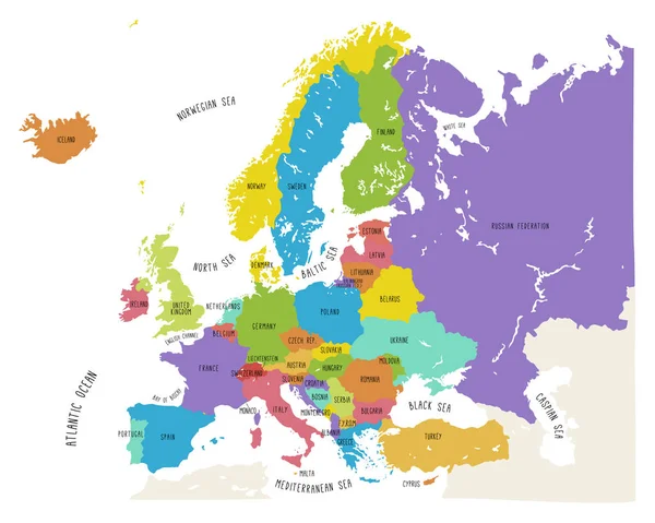 Färgglada Hand Dras Vektor Karta Över Europa Med Länder Namn — Stock vektor