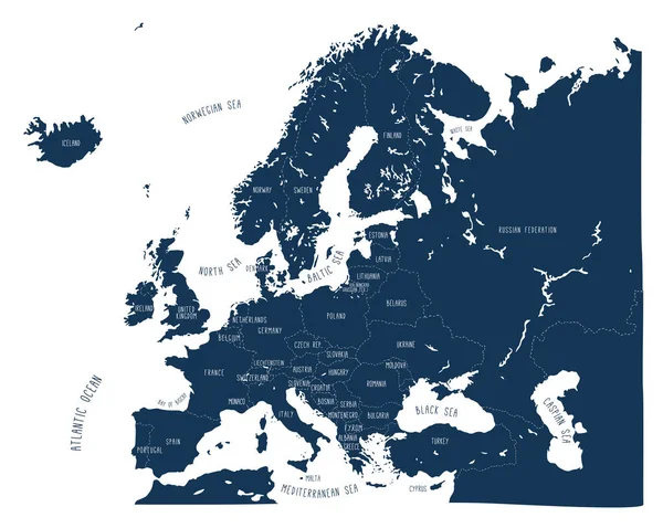 Hand Dras Vektor Karta Över Europa Blå Nyanser Doodle Stil — Stock vektor