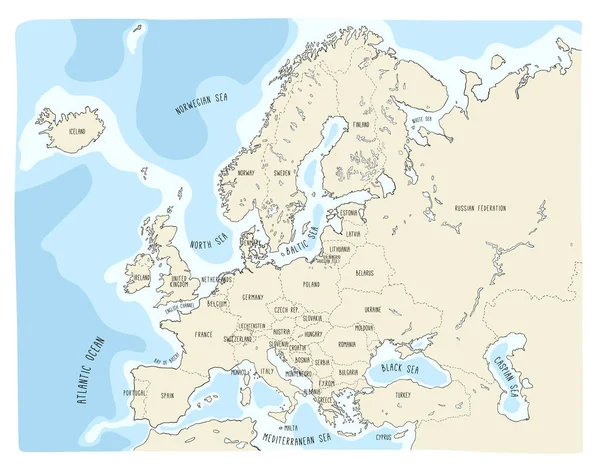彩色手绘欧洲矢量地图 涂鸦风格 — 图库矢量图片