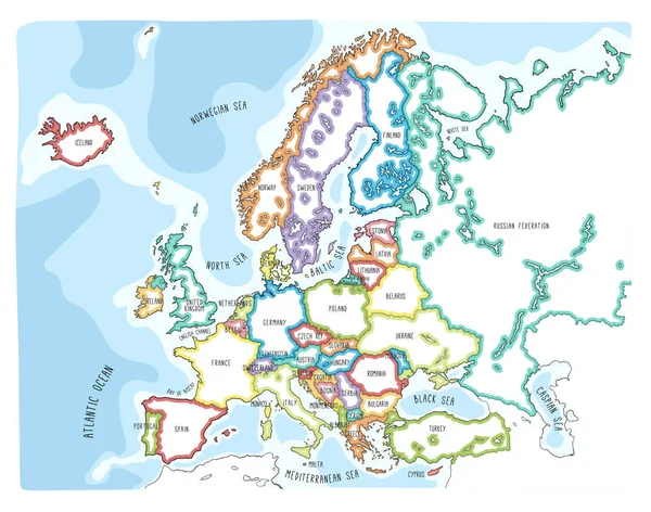 Kolorowe Ręcznie Rysowane Wektor Mapa Europy Nazwy Krajów Doodle Stylu — Wektor stockowy