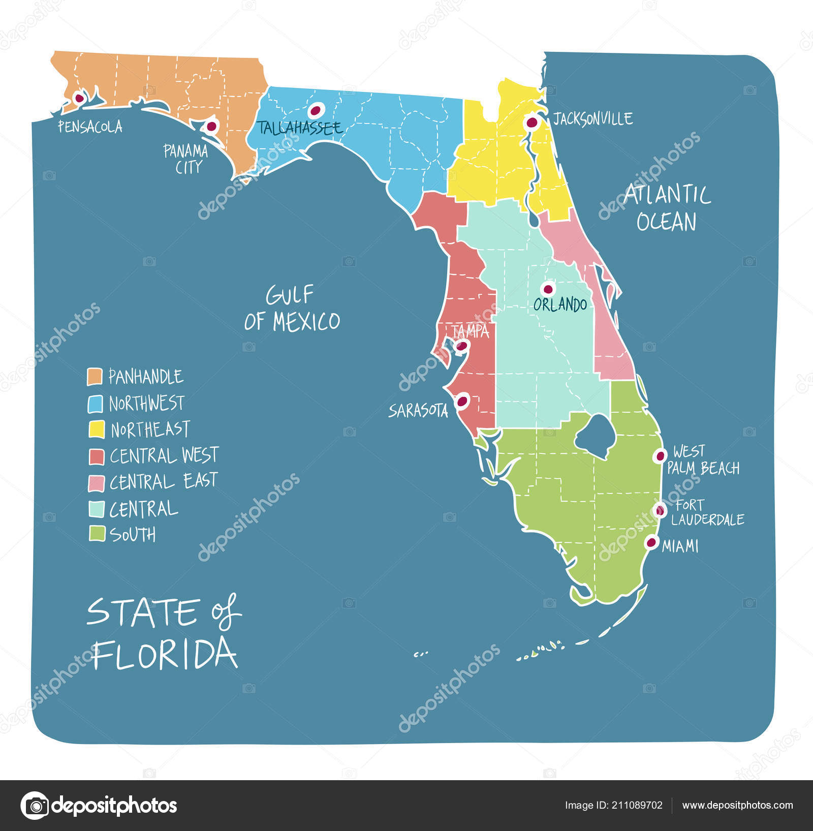 Central Florida Map Of Cities - Depositphotos 211089702 Stock Illustration Hand Drawn Map State Florida 
