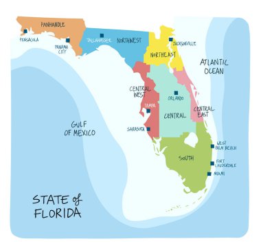 El Florida eyaletinde bölgeler iller ve ana şehirler ile çizilmiş haritası. Renkli kroki tarzı