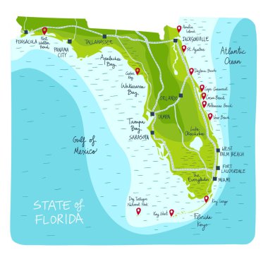 El Florida eyaletinde ana şehirlerde ve ilgi noktaları ile çizilmiş haritası. Renkli düz stil