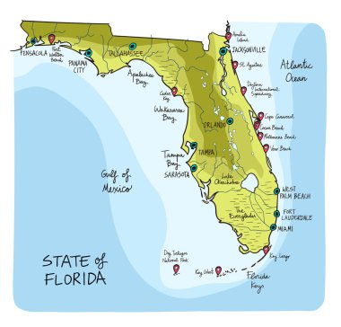 El Florida eyaletinde ana şehirlerde ve ilgi noktaları ile çizilmiş haritası. Renkli kroki tarzı