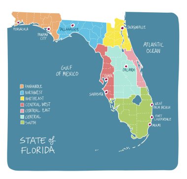 El Florida eyaletinde bölgeler iller ve ana şehirler ile çizilmiş haritası. Renkli kroki tarzı