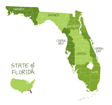 El Florida eyaletinde bölgeler iller ve ana şehirler ile çizilmiş haritası. Yeşil tonları