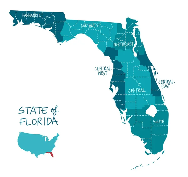 地域郡および主な都市 フロリダの状態の手描きの地図 青の色合い — ストックベクタ