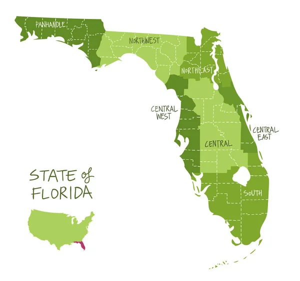 Ručně Tažené Mapa Státu Florida Regiony Krajů Hlavního Města Zelené — Stockový vektor