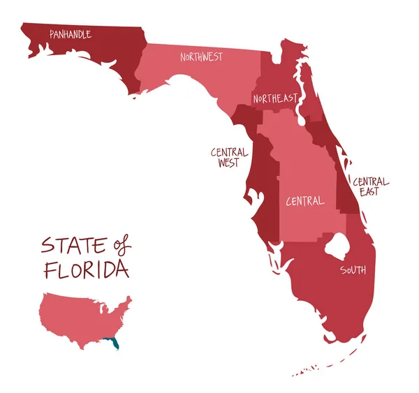 Mapa Dibujado Mano Del Estado Florida Con Regiones Condados Ciudades — Vector de stock