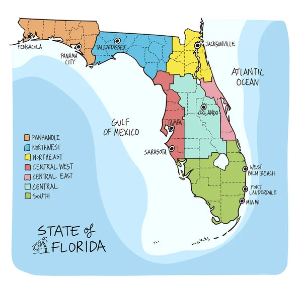 Carte Dessinée Main État Floride Avec Les Comtés Les Principales — Image vectorielle