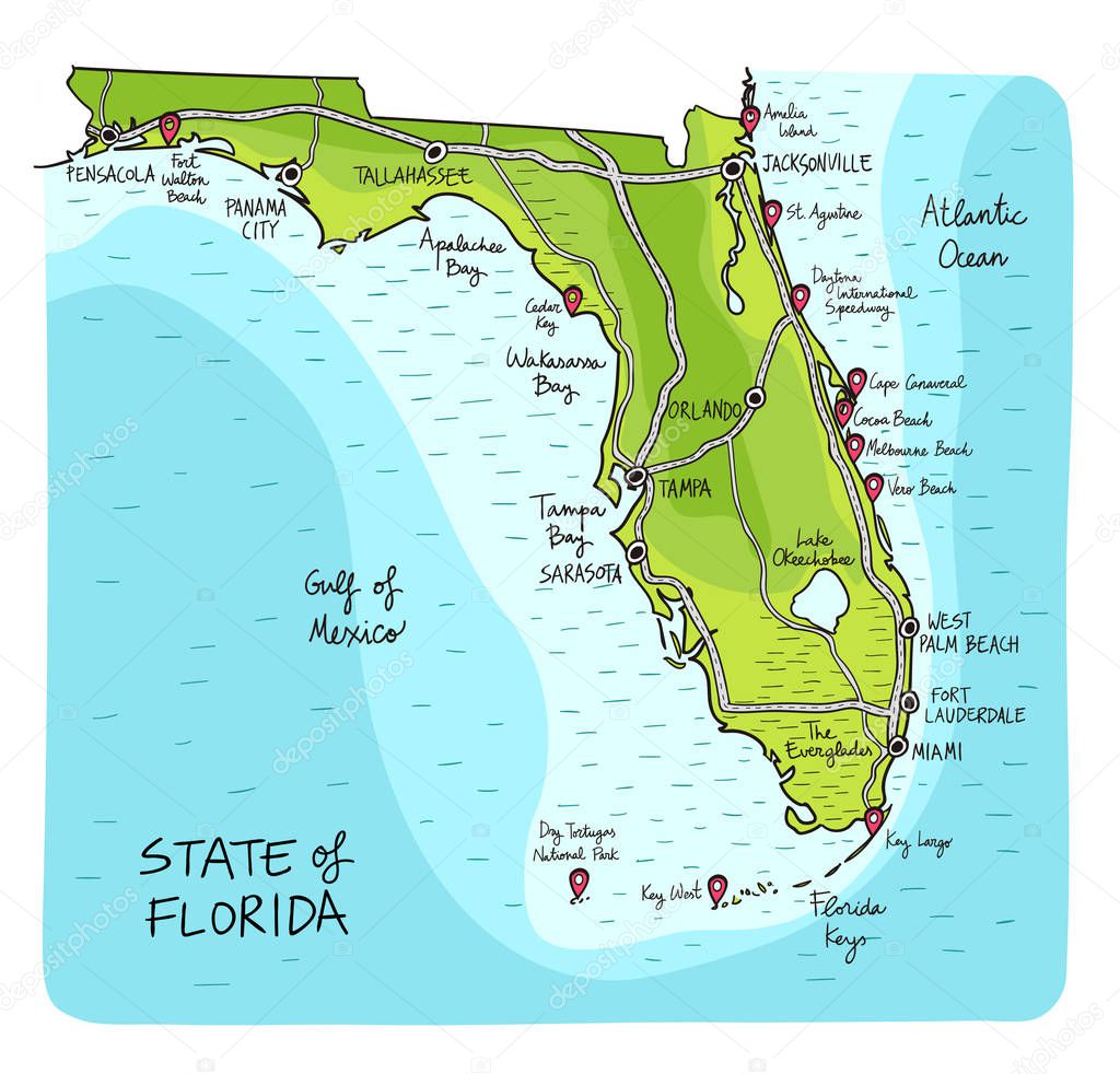 Hand Drawn map of the state of Florida with main cities and points of interest. Colorful sketch style