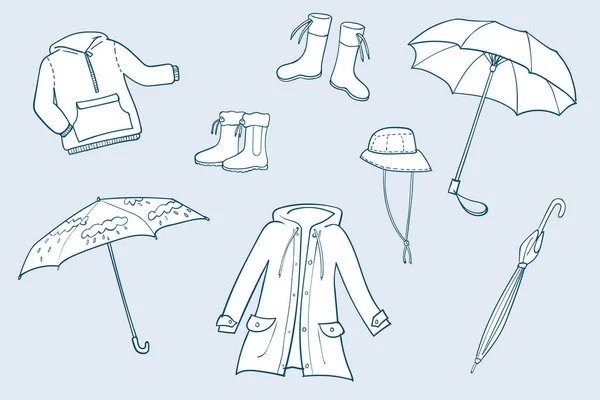 Deštivé Počasí Oblečení Vektorové Skici Ilustrace Kolekce — Stockový vektor