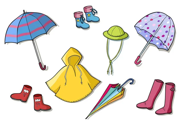 Deštivé Počasí Oblečení Barevné Vektorové Skici Ilustrace Kolekce — Stockový vektor