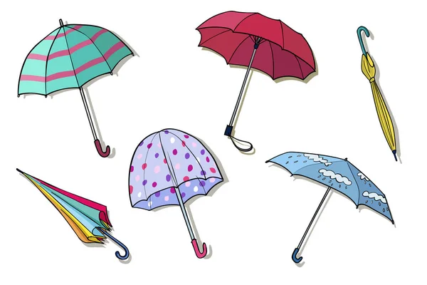 Collection Hand Drawn Umbrellas Colorful Vector Illustration — Stock Vector