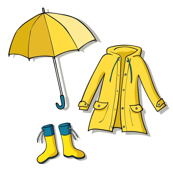 Gele Regenachtig Weer Kleding Schets Vectorillustraties — Stockvector