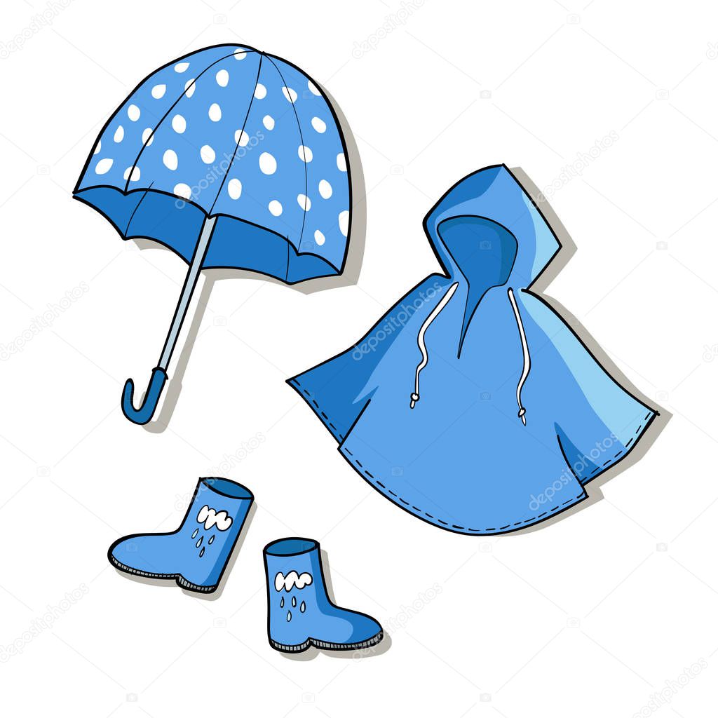 Blue rainy weather clothes.Vector sketch illustrations