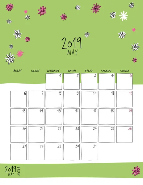 Května 2019 Nástěnný Kalendář Barevná Skica Vertikální Šablona Formát Letter — Stockový vektor