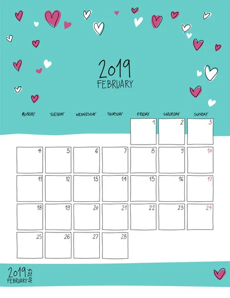 Февраль 2019 Года Календарю Цветной Рисунок Вертикальный Шаблон — стоковый вектор