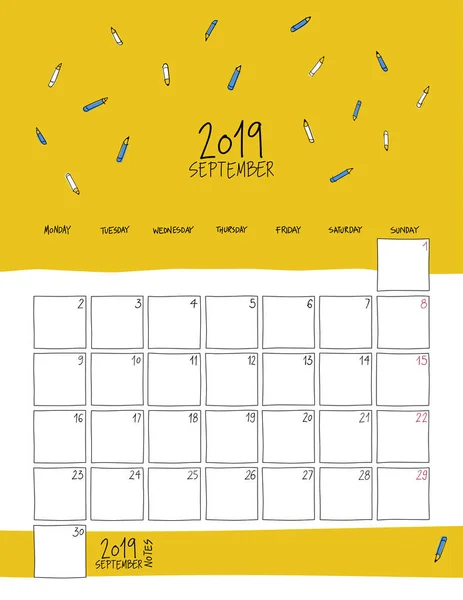 Září 2019 Nástěnný Kalendář Barevná Skica Vertikální Šablona Formát Letter — Stockový vektor