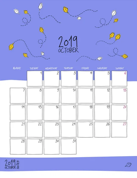 Calendario Mural Octubre 2019 Plantilla Vertical Colorido Bosquejo Tamaño Carta — Vector de stock