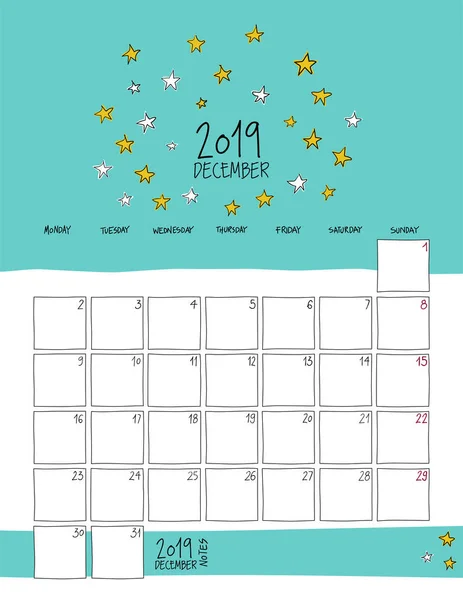 December 2019 Wall Calendar Colorful Sketch Vertical Template Letter Size — Stock Vector