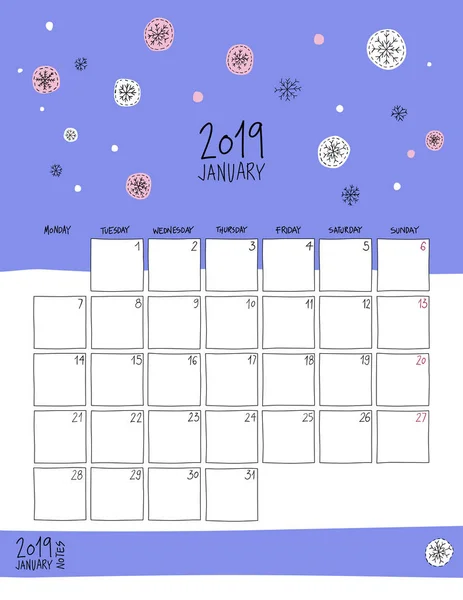 Calendario Mural Enero 2019 Plantilla Vertical Colorido Bosquejo Tamaño Carta — Vector de stock