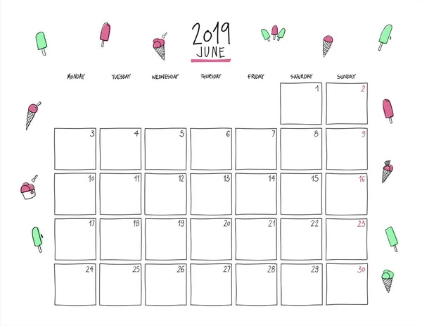 Calendario Mural Junio 2019 Dibujo Colorido Plantilla Horizontal Tamaño Carta — Vector de stock